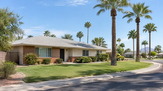 1950s single-story brick and stucco ranch house on a curving residential street in an older Tempe, Arizona neighborhood, low-pitched roof with new light gray shingles, tall date palm trees along the street, green lawn