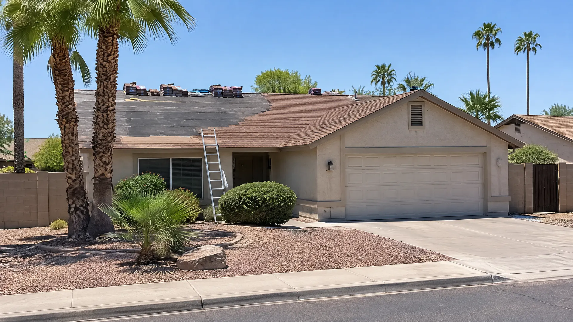 1970s single-story stucco home in a south-central Tempe, Arizona subdivision with a medium-pitch roof in brown composition shingles being replaced with new ones, two-car garage, palm trees and a block wall