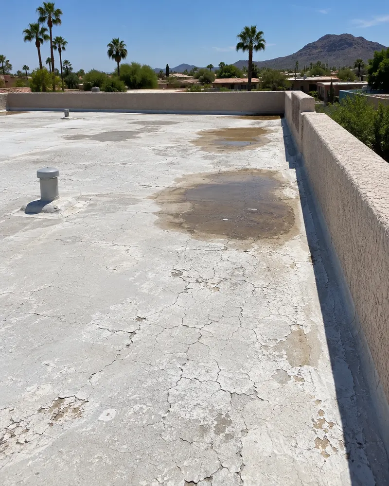 Old flat roof on an Arizona home with a cracked, chalky faded coating, ponding stain marks and a parapet wall