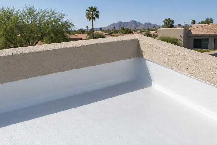 Foam roof turned up the inside of a low stucco parapet wall and coated white, neat transition