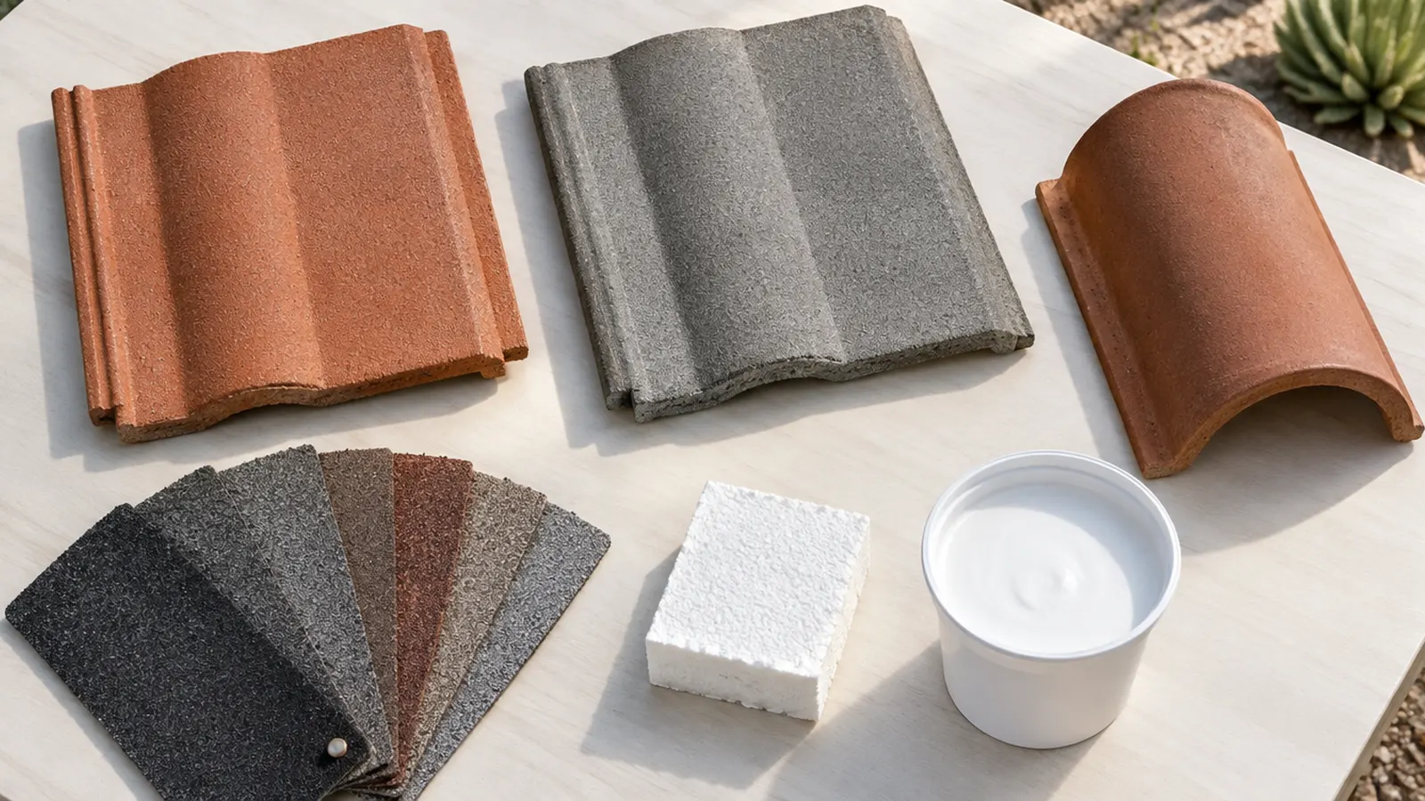 Roofing material samples laid out on a light table, top-down view: terracotta and gray concrete roof tiles, a clay S-tile, a fan of architectural asphalt shingle swatches in several colors, a small block of white roof foam and a cup of white elastomeric coating