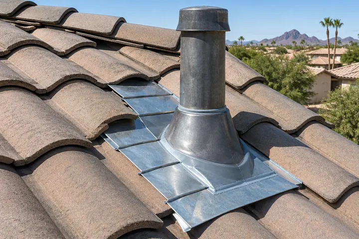 New galvanized metal step flashing and a lead pipe jack around a vent on a tile roof, clean sealant lines, sharp detail