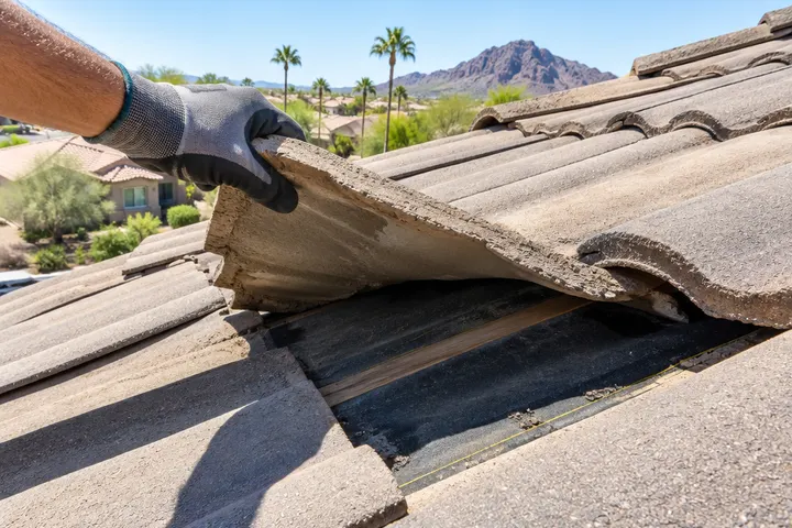 Roofer's gloved hand lifting a concrete roof tile to look at the underlayment beneath, on a sunny Arizona roof, no face visible