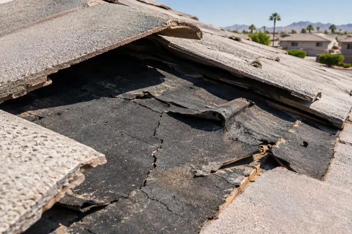 Close-up of old brittle black roofing felt underlayment cracked and torn under lifted concrete tiles, sun damage visible