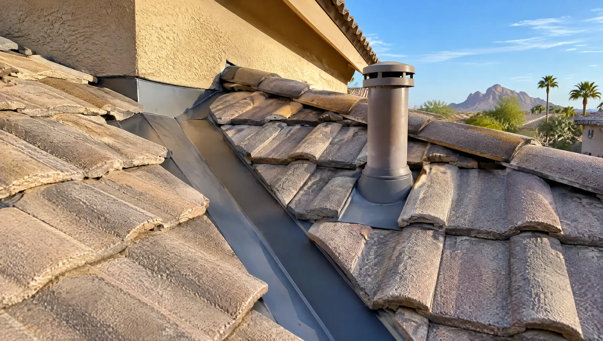 Close view of a repaired section of a concrete tile roof on a Tempe stucco home: new metal valley flashing and neatly reset tiles around a plumbing vent pipe, late afternoon sun, blue sky
