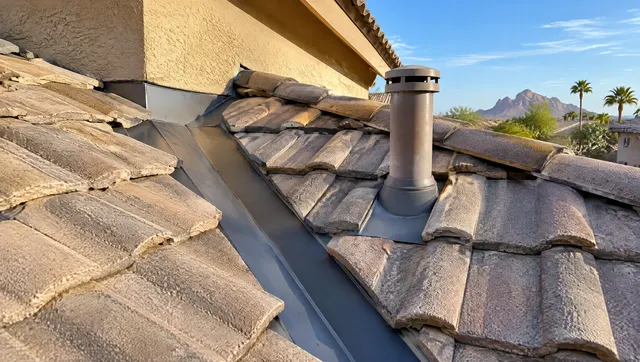 Close view of a repaired section of a concrete tile roof on a Tempe stucco home: new metal valley flashing and neatly reset tiles around a plumbing vent pipe, late afternoon sun, blue sky