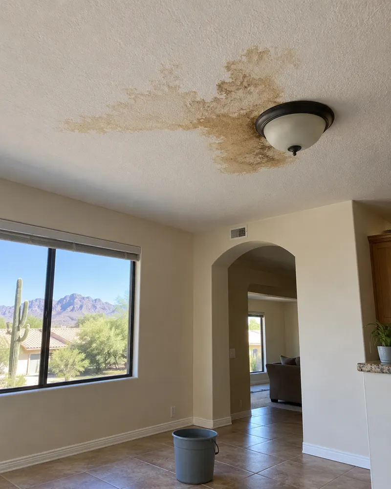 Brown water stain spreading on a white textured ceiling near a light fixture inside an Arizona home, a small bucket on the tile floor below