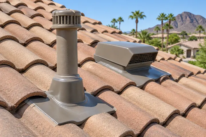 Plumbing vent pipe and a roof jack on a tile roof with new flashing and sealant, close detail