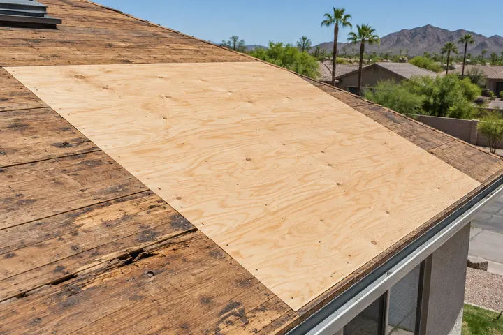 New plywood sheet replacing a damaged section of roof decking among older boards, before underlayment
