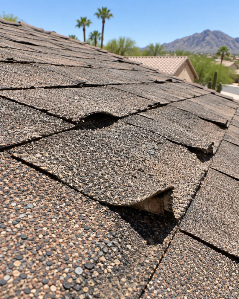 Close-up of curled, granule-worn old asphalt shingles on an Arizona roof under strong sun