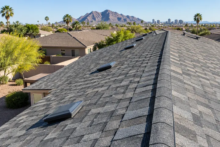 Shingle roof with a continuous ridge vent and low-profile roof vents, crisp afternoon light