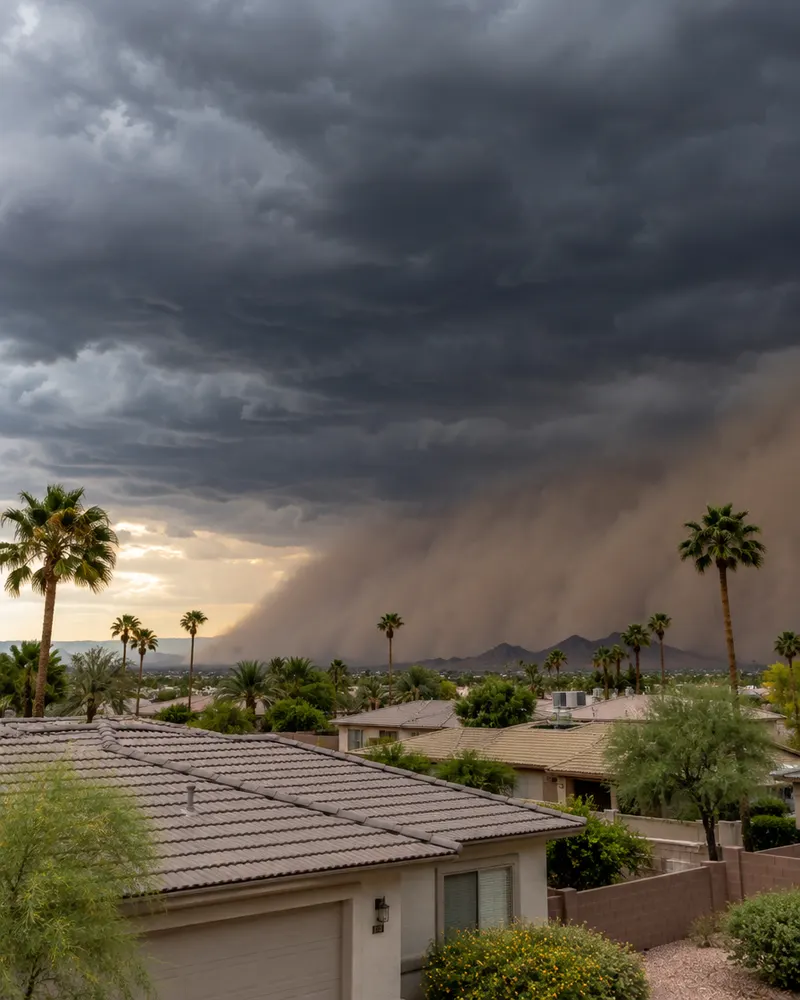 Dark monsoon storm clouds and a dust wall approaching over single-story Tempe rooftops and palm trees in late afternoon