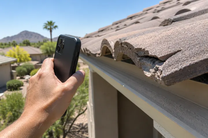 Close-up of a hand holding a phone photographing a damaged roof tile edge, phone screen not visible, roof in background