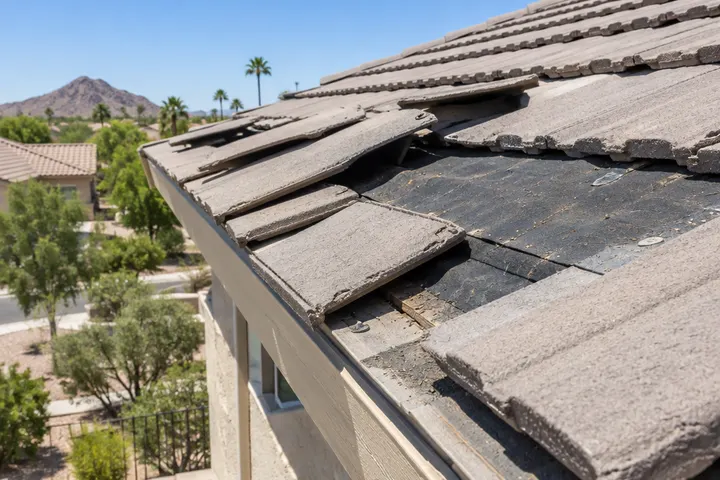 Several wind-lifted and displaced concrete tiles near the edge of a roof after a storm, underlayment showing