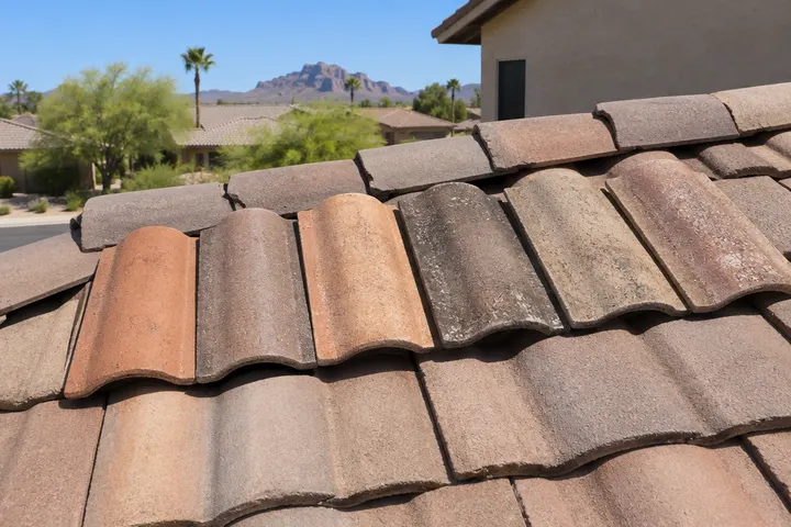 Several salvaged concrete roof tiles in slightly different weathered terracotta shades lined up on a roof for color matching