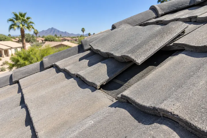A slipped concrete roof tile out of line on a sunny roof, exposing the underlayment beneath
