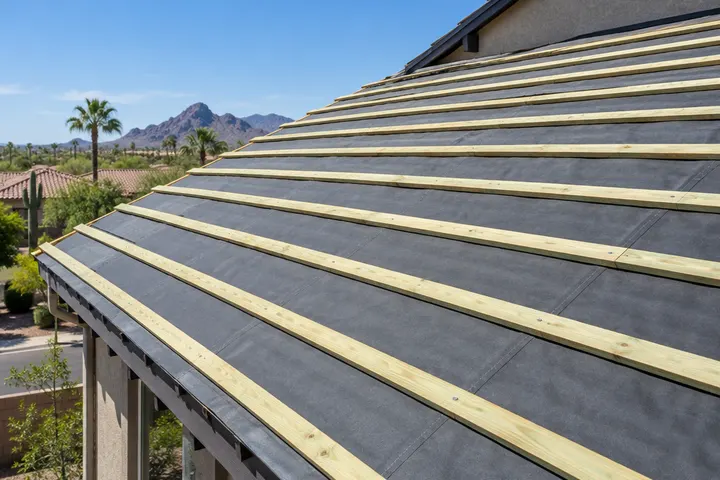 New treated wood battens fastened in horizontal rows over new underlayment on a roof, ready for tiles