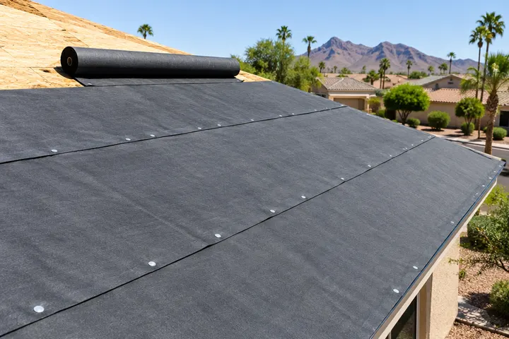 Fresh synthetic roofing underlayment rolled out across plywood roof decking, overlapping seams fastened with cap nails