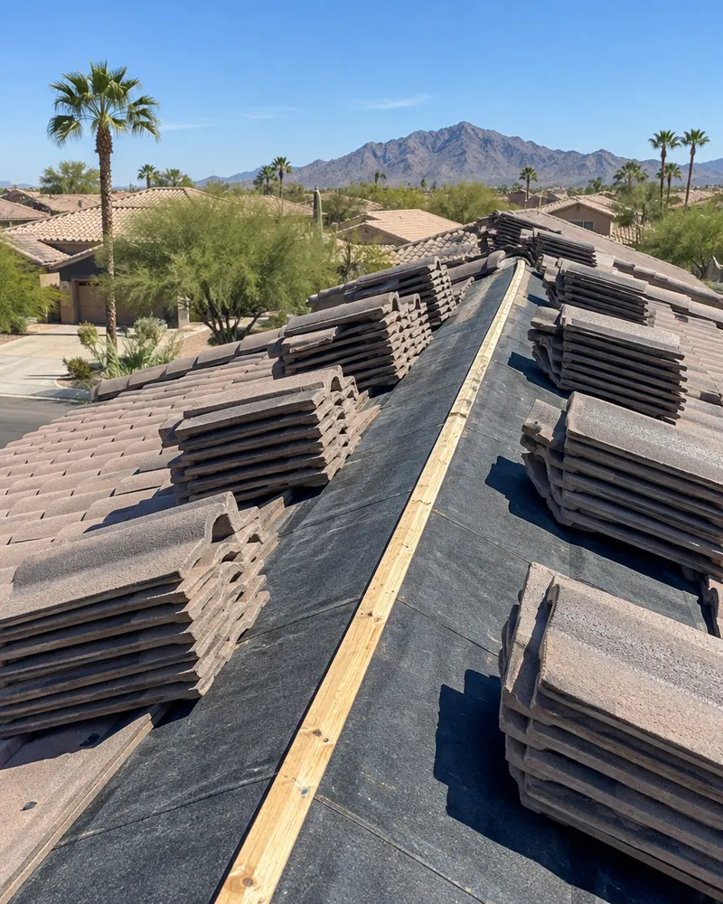 Concrete roof tiles neatly stacked in rows along a roof ridge during a tile re-lay on an Arizona home, underlayment exposed below